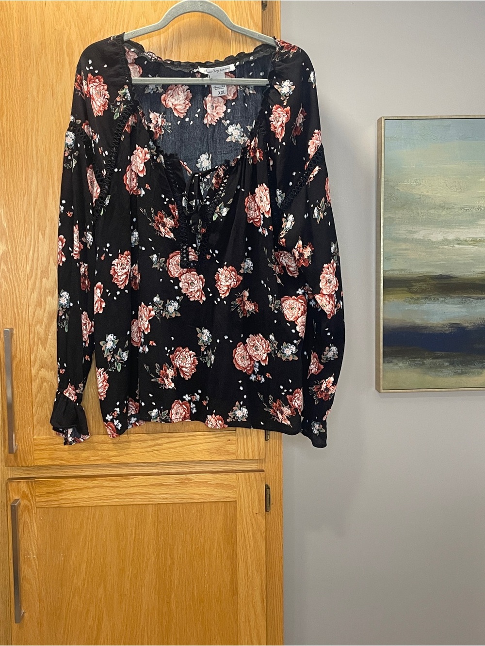 American Rag Cie Floral Peasant Blouse Black Rose Lace Up Boho Top XXL